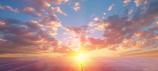 solar panels under sky with clouds at sunrise - obrazy, fototapety, plakaty