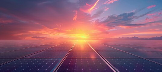 solar panels under sky with clouds at sunset