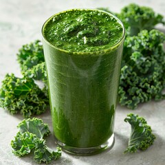 Kale smoothie in a tall glass, rich in color, on a pristine white surface vibrant color