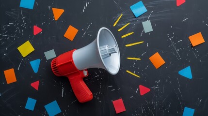 Hand holding megaphone with different icons for digital marketing - obrazy, fototapety, plakaty