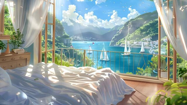 Scenic bedroom setting with a stunning bay view and distant mountain vista. Seamless Looping 4k Video Animation