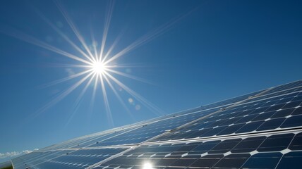 solar panels on the field under clear blue sky and sun