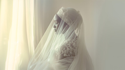African bride wearing a white wedding dress facing a window in the morning light