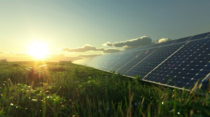 solar panels on the field under clear blue sky and sun