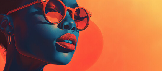 Artistic profile of woman with red glasses on an orange backdrop.
