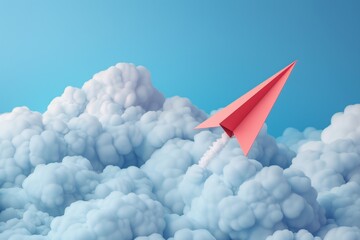 Naklejka na ściany i meble A 3D paper airplane icon soaring through a background of clouds, signifying ambition and reaching goals