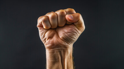 A fist is raised in the air with the thumb pointing up