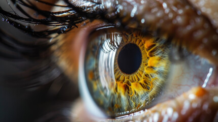 A close up of a person's eye with a dark brown iris and a light brown pupil - obrazy, fototapety, plakaty