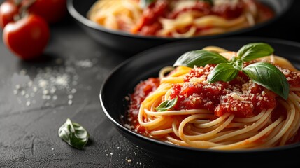 Fototapeta premium Tasty Spaghetti pasta with tomato sauce, parmesan cheese and basil on plate, closeup