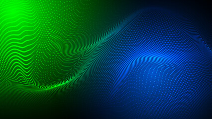 Abstract futuristic blue and green waves with moving dots form the background, flowing particle effect and glitch aesthetic. Ideal for use in brochures, flyers, magazines, business cards, and banners
