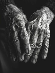 Obraz premium An old woman's hands are wrinkled and covered in dirt. Generative AI.