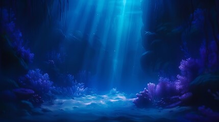 Underwater scene view of sandy sea bottom and the sunbeams over the coral reef. - obrazy, fototapety, plakaty