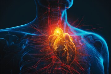 A single heartbeat visualized as a vibrant, bioluminescent pulse within a persons chest