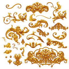Fototapeta na wymiar Set of golden decorative elements in Baroque style