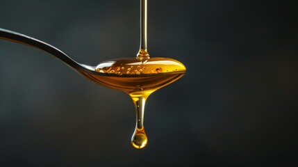 A single, perfectly formed drop of honey hanging from a honey spoon, about to fall against a dark background