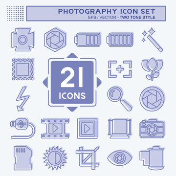 Photography Icon Set in trendy two tone style isolated on soft blue background
