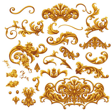 Set of golden decorative elements in Baroque style