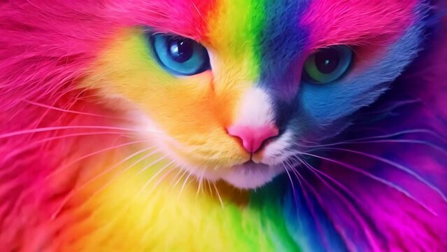 Close-up cat with blue eyes and rainbow colors. Concept of gay pride in rainbow colors of LGBT flag. Concept of animal rights and peace. AI-generated