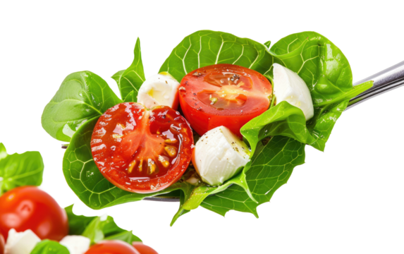 Forkful of Freshness: Green Salad, Tomatoes, and Mozzarella isolated on transparent Background