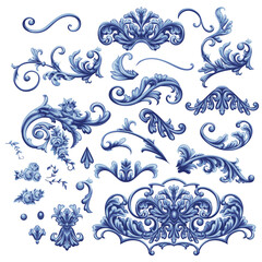 Set of blue decorative elements in Baroque style
