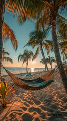 A hammock is hanging from a palm tree on the beach. Generative AI.