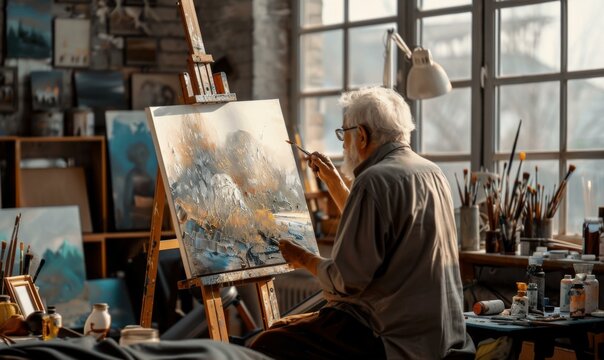 A man painting a landscape in an art studio. Generative AI.