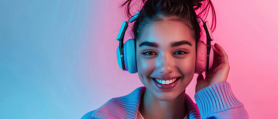 A woman wearing headphones and smiling. The image has a bright and cheerful mood. The woman is wearing a pink sweater and is wearing headphones