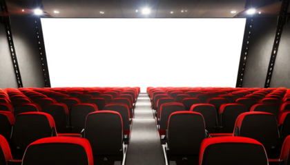 Movie theater with black and red cinema seats and empty screen with copy space, isolated on white or transparent background, png. Generative Ai.