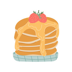 Plate with delicious pancakes, syrup and raspberries in flat style. Breakfast. Cooking.
