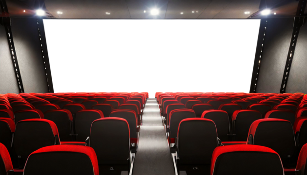 Movie theater with black and red cinema seats and empty screen with copy space, isolated on white or transparent background, png. Generative Ai.