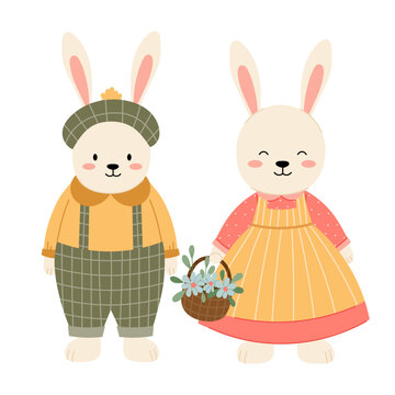Pair of hares in flat style. Cute bunnies in vintage outfits. A hare in a cap and a hare in a sundress with a basket. Kids funny characters.