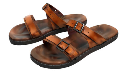 A pair of stylish men's sandals, their sleek straps and comfortable footbeds standing out against a white transparent background