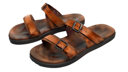 A pair of stylish men's sandals, their sleek straps and comfortable footbeds standing out against a white transparent background