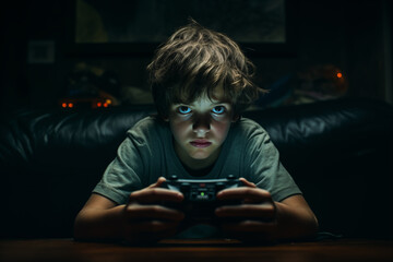 a boy of about 9 years old playing the video game console in his dark room for hours