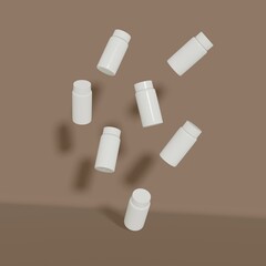 An unrealistic kite with white medicine bottles floating weightlessly against a beige wall.