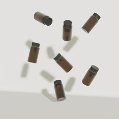 A photo of brown glass vials floating in zero gravity against a white wall.