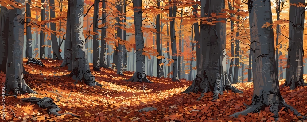 Wall mural Enchanting Autumnal Beech Forest with Carpet of Copper Leaves Inviting Wanderlust and Tranquil