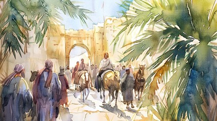 Naklejka premium watercolor painting of jesus christ entering jerusalem