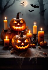 Jack O Lantern. Carved glowing pumpkin and candles on table, on fog background. Concept poster of Halloween. Copy space.