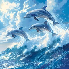 Playful Dolphins Leaping Over Crashing Ocean Waves Capturing the Freedom of Motion in a Vibrant Seascape