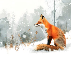 Fototapeta premium Curious Fox Exploring Snowy Forest Landscape Vibrant Orange Fur Against Serene White Backdrop