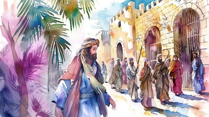 Obraz premium watercolor painting of jesus christ entering jerusalem