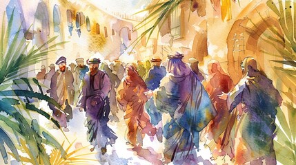 Obraz premium watercolor painting of jesus christ entering jerusalem