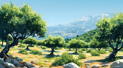 Lush olive grove nestled on a Mediterranean hillside a picture of peace and bounty in the serene countryside landscape - obrazy, fototapety, plakaty