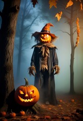 Jack O Lantern. A terrible scarecrow in old clothes and a pumpkin's head, on a foggy park. Concept poster of Halloween. - obrazy, fototapety, plakaty