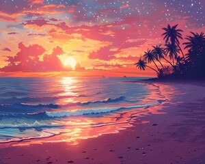 Fototapeta na wymiar Breathtaking Sunset Over Tropical Beachscape with Swaying Palms and Serene Ocean Waves