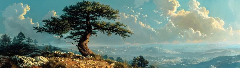 Majestic Cedar Tree Stands Tall Amidst Dramatic Mountain Landscape of Proud and Noble Splendor - obrazy, fototapety, plakaty