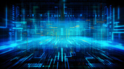 data analyze from microchip, blue neon, depth of field, numeral.