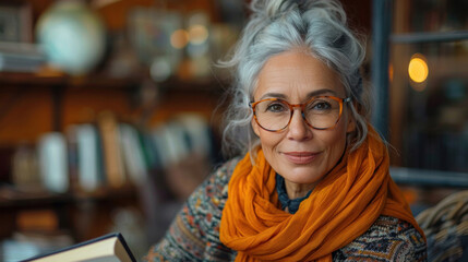 Portrait of a happy mature woman sitting on the terrace with a book. Book Day. Copy space