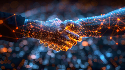 Digital handshake concept with glowing cyber particles, symbolizing virtual agreement and connection